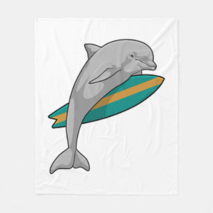 Dolphin as Surfer with Surfboard Fleece Blanket