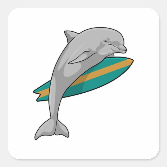 Dolphin as Surfer with Surfboard Square Sticker (Front)