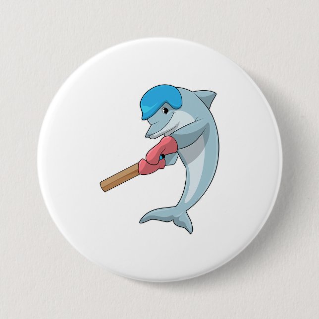 Dolphin at Cricket with Cricket bat 7.5 Cm Round Badge (Front)