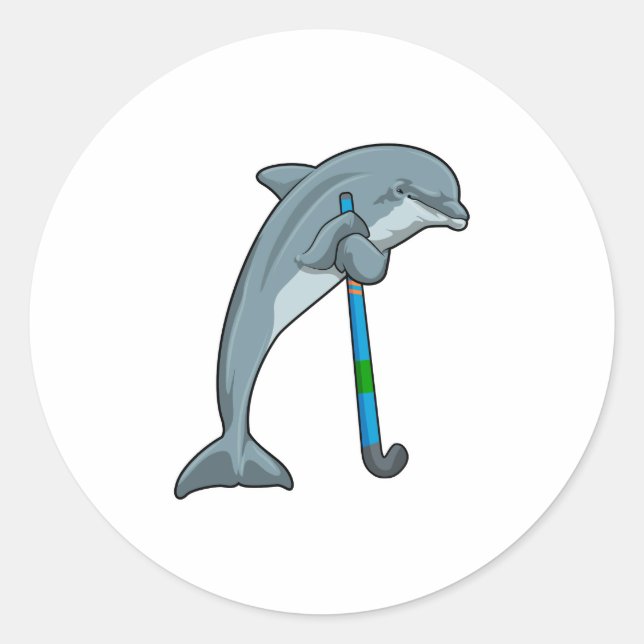 Dolphin at Hockey with Hockey stick Classic Round Sticker (Front)