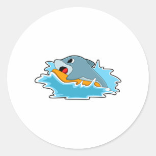 Dolphin at Surfing with Surfboard Classic Round Sticker