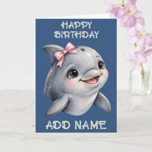 Dolphin: Baby Animal Pastel bow Birthday  Card