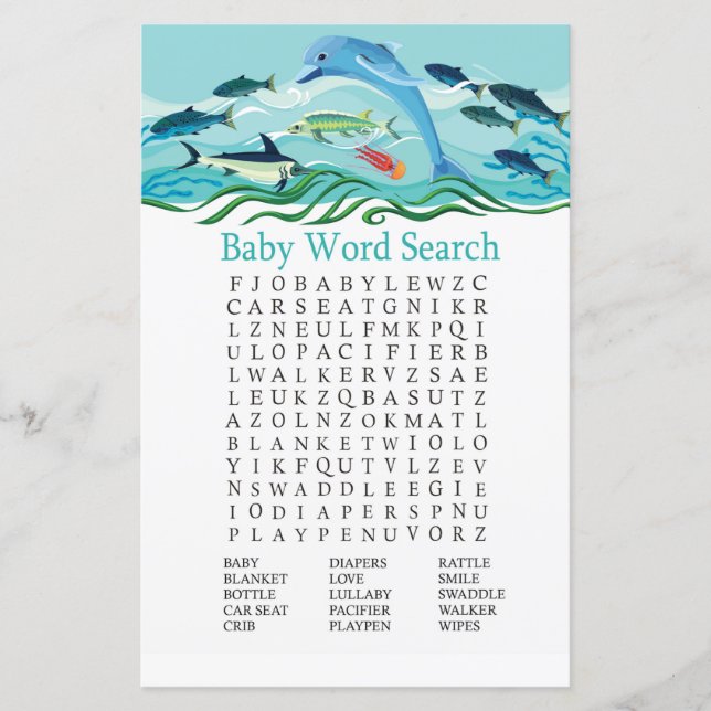 Dolphin Baby Shower Word Search Game (Front)