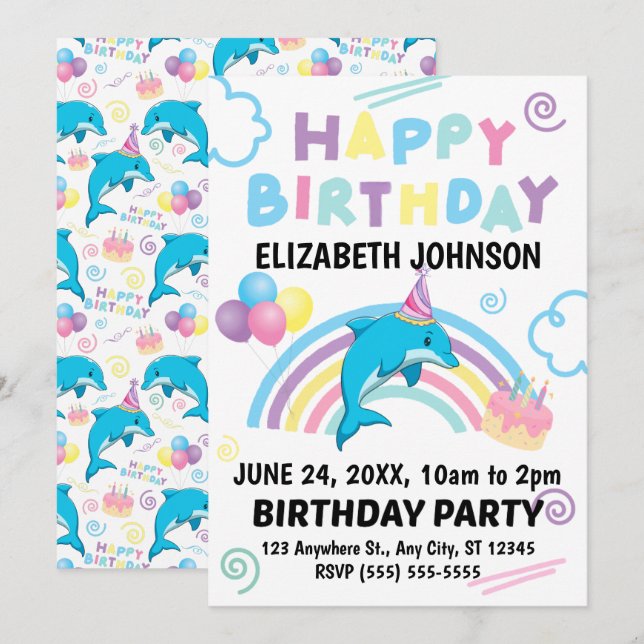 Dolphin Birthday Invitation in White (Front/Back)