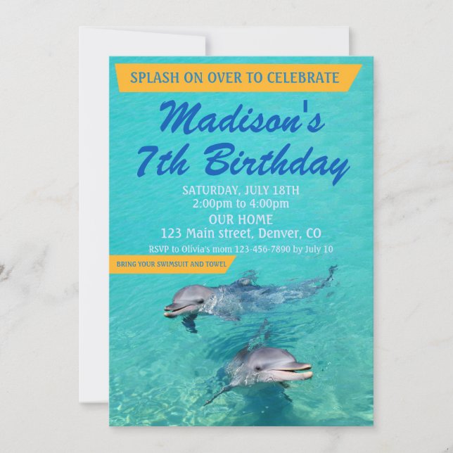 Dolphin birthday invitation Pool party invite (Front)