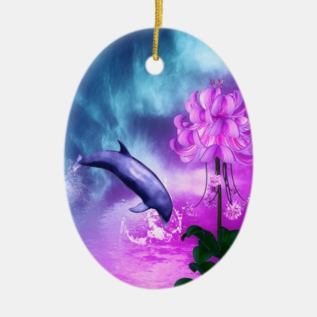 Dolphin Blossom Dreams Ceramic Ornament (Front)