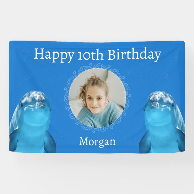 Dolphin Blue Ocean 10th Birthday Party Banner (Horizontal)