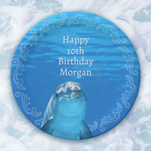 Dolphin Blue Ocean 10th Birthday Party Paper Plate (Under the Sea Dolphin Blue Ocean 10th Birthday Party Paper Plates. Includes any age template.)