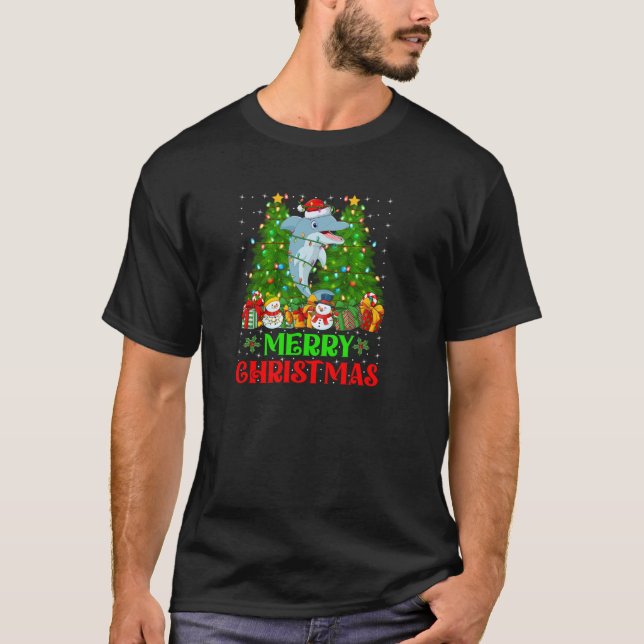 Dolphin Christmas Tree Lights Holiday Dolphin Sant T-Shirt (Front)