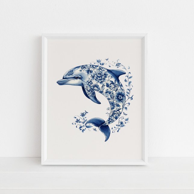 Dolphin – Coastal Blue on Beige Wall Art (Dolphin – Coastal Blue on Beige Wall Art in a white frame on the floor.)