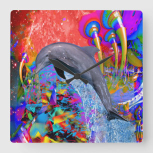 Dolphin Colour Splash Square Wall Clock