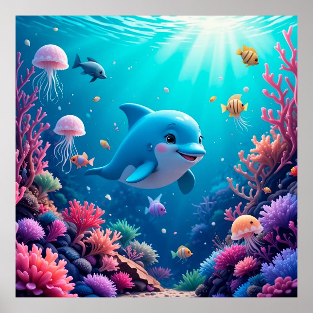 Dolphin Coral Reef Ocean Aquarium Theme Print (Front)