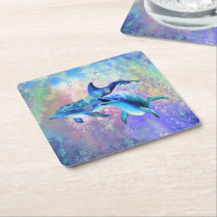 Dolphin Couple - Add Your Picture / Text Square Paper Coaster