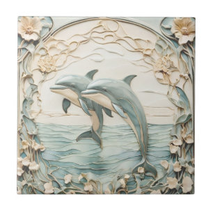 Dolphin Couple Art Nouveau Faux Relief 2 Dolphins Ceramic Tile