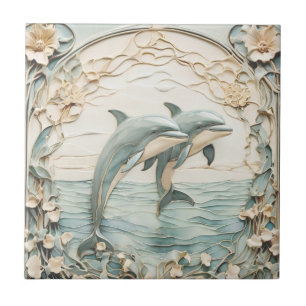 Dolphin Couple Art Nouveau Faux Relief Mint Blue Ceramic Tile