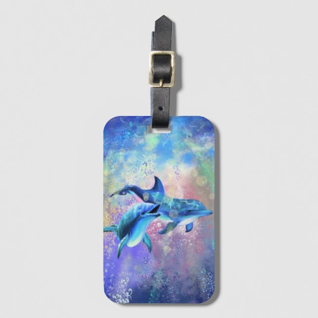 Dolphin Couple Luggage Tag - Custom Text Name  (Front Vertical)
