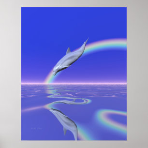 Dolphin Diving with Rainbow Poster