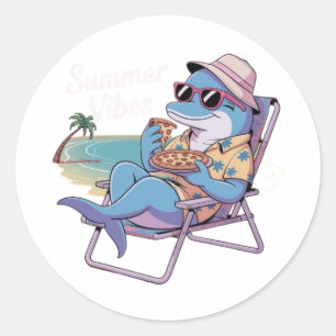 Dolphin eat pizza in summer holiday classic round sticker