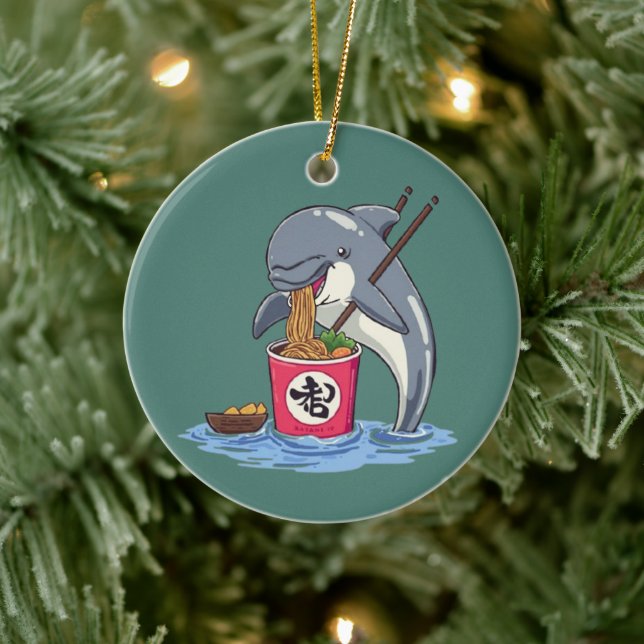 Dolphin Eating Ramen Illustration Ceramic Ornament (Tree)
