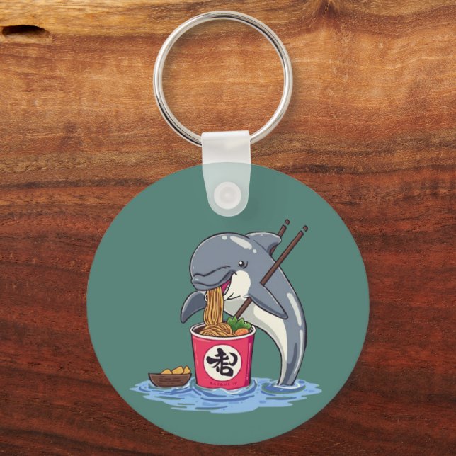 Dolphin Eating Ramen Illustration Key Ring (Front)