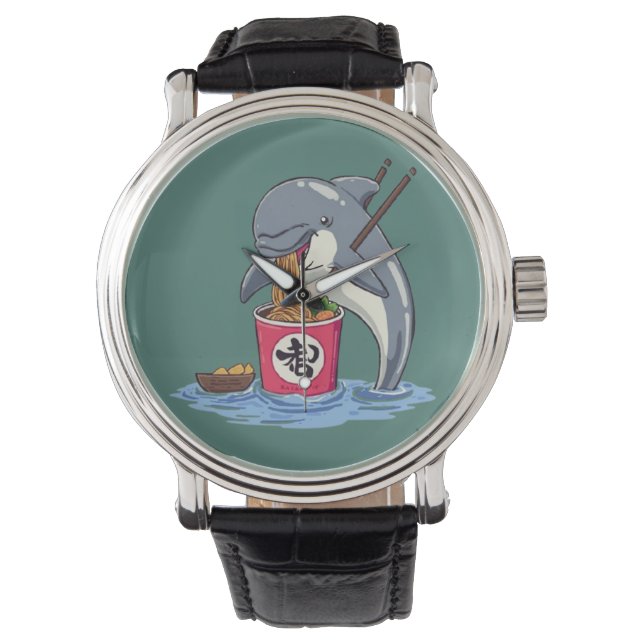 Dolphin Eating Ramen Illustration Watch (Front)