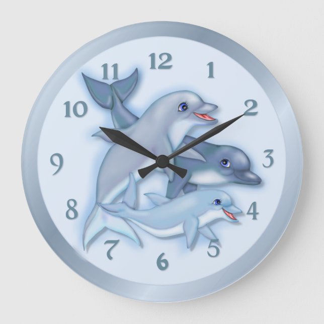 Dolphin Family Swimming Large Clock (Front)
