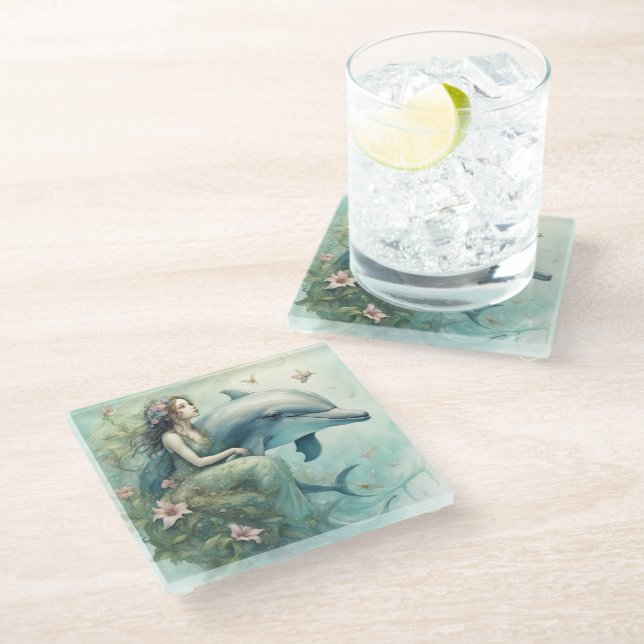 Dolphin Fantasy 2 Glass Coaster (Angled)