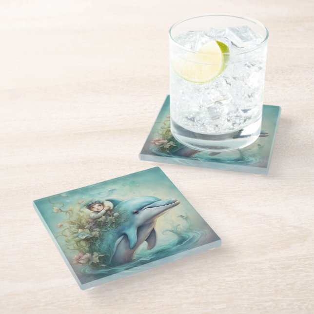 Dolphin Fantasy 5 Glass Coaster (Angled)