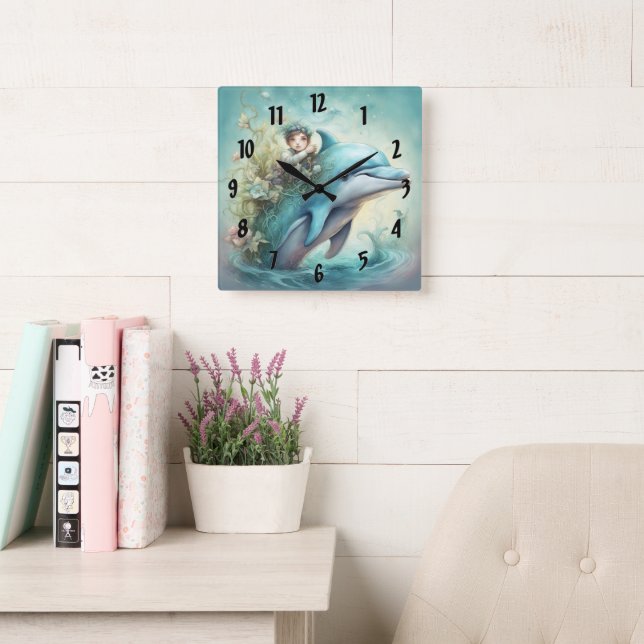 Dolphin Fantasy 5 Square Wall Clock (Reading Room)