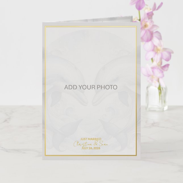 Dolphin Foil Just Married Wedding Photo Collage Foil Greeting Card (Orchid)