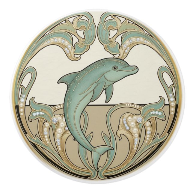 Dolphin Green Cream & Gold Art Deco Nouveau Ocean Ceramic Knob (Front)