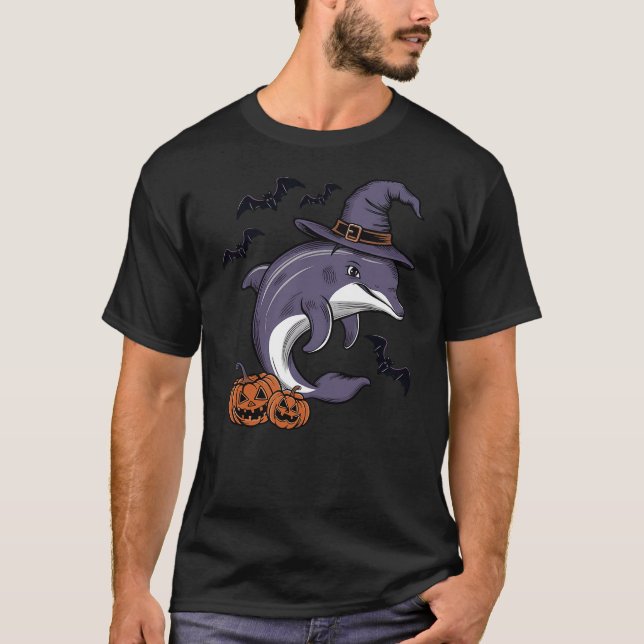 Dolphin Halloween Costume Scary Pumpkin Bat Witch T-Shirt (Front)