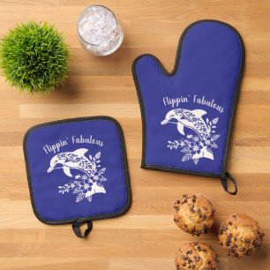 Dolphin-Hawaiian-Fisherman Core-Blue Oven Mitt & Pot Holder Set