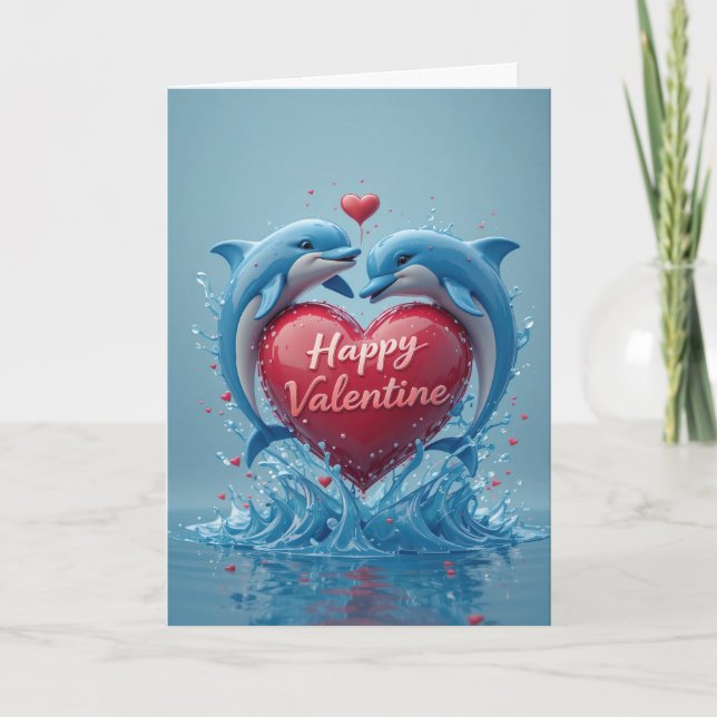 Dolphin Heart Valentine Ocean Love Romantic  Holiday Card (Front)