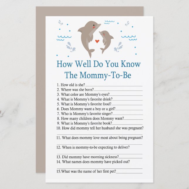 Dolphin How well do you know baby shower game (Front/Back)