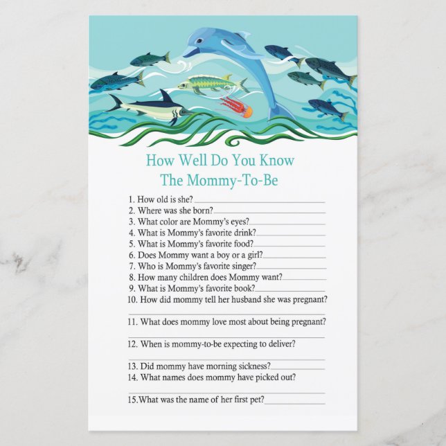 Dolphin How well do you know baby shower game (Front)