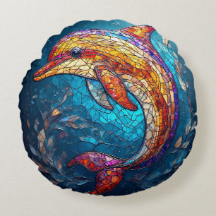 Dolphin in Intricate Stained Glass Artistic Style Round Cushion