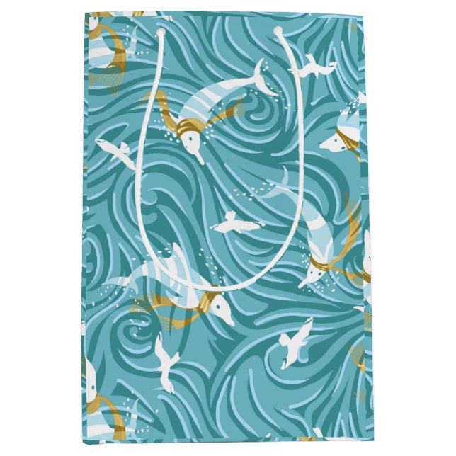 Dolphin Joy Tropical Nautical Christmas/Aqua, Gold Medium Gift Bag (Front)