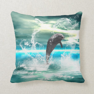 Dolphin jumping in the sea with waves as heart cushion