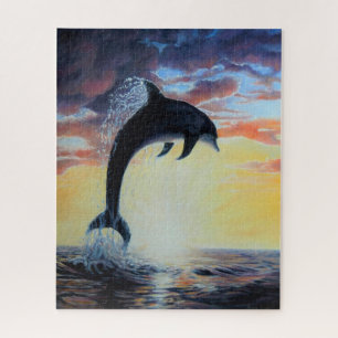 Dolphin jumping out of sea at sunset/sunrise jigsaw puzzle