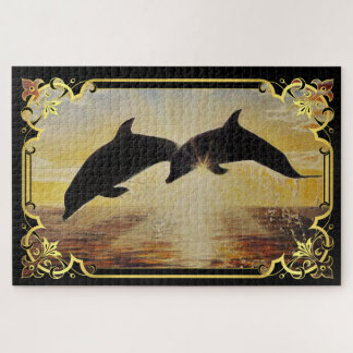 Dolphin jumping out of sea at sunset/sunrise jigsaw puzzle