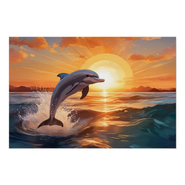 Dolphin Jumps at Sunset on the Ocean Poster (Front)