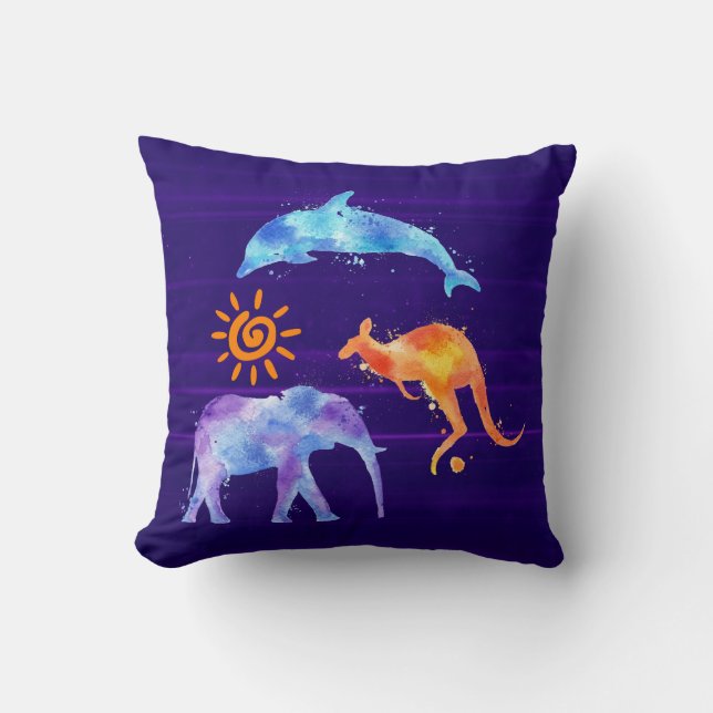 Dolphin Kangaroo and Elephant Watercolor Cushion (Front)
