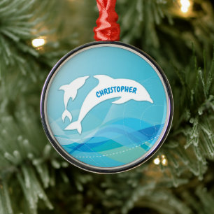 Dolphin Leaping in Ocean Personalised Metal Ornament
