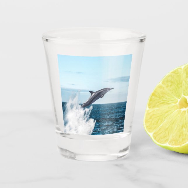 Dolphin leaping out of the ocean shot glass (Front)