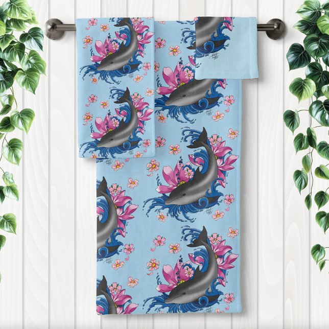 Dolphin Lotus Flowers Cherry Blossoms Bath Towel Set (Creator Uploaded)