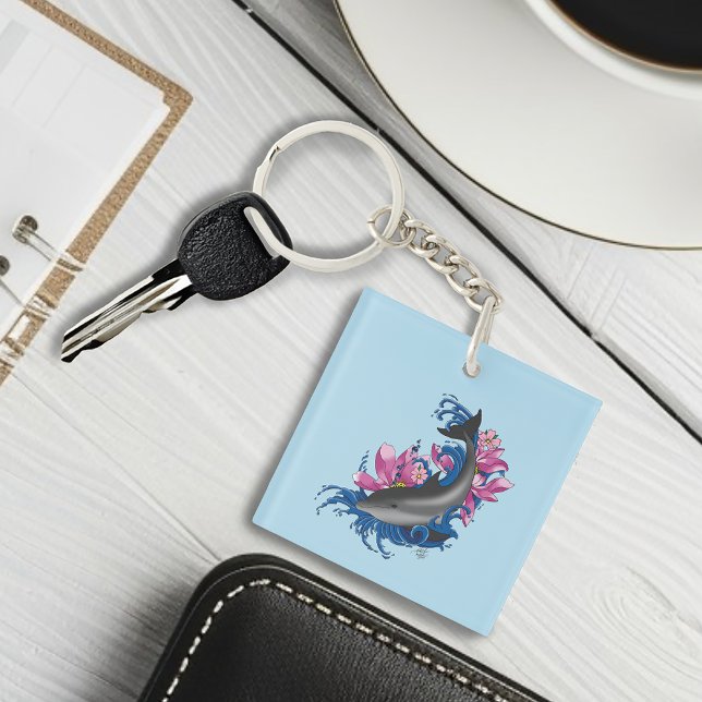 Dolphin Lotus Flowers Cherry Blossoms QR code Key Ring (Creator Uploaded)