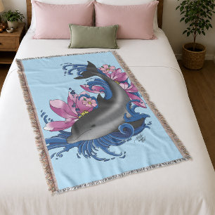 Dolphin Lotus Flowers Cherry Blossoms Throw Blanket