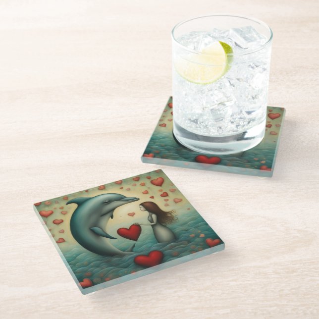Dolphin Love 1 Glass Coaster (Angled)
