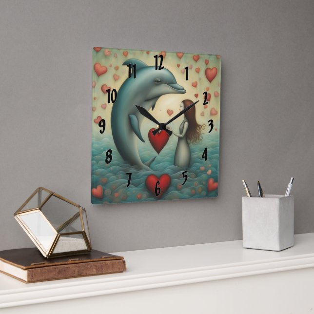 Dolphin Love 1 Square Wall Clock (Office)